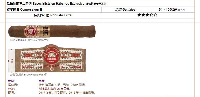 乌普曼|优民 哈伯纳斯专享系列 Especialista en Habanos Exclusivo 哈伯纳斯专享系列 鉴赏家 B Connossieur B 清凉 Geniales 54 × 150毫米 (5⅞″) 特长罗布图 Robusto Extra