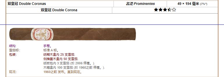 好友蒙特利 Hoyo de Monterrey 双皇冠 Double Coronas 名流 Prominentes 49 × 194 毫米 (7⅝″) 双皇冠 Double Corona