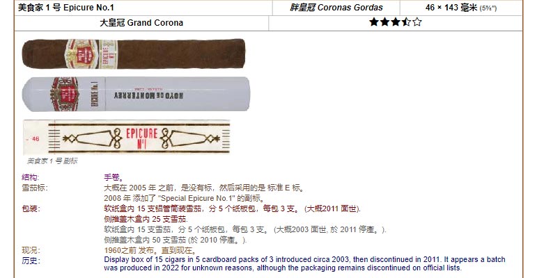 好友蒙特利 Hoyo de Monterrey 美食家 1 号 Epicure No.1 胖皇冠 Coronas Gordas 46 × 143 毫米 (5⅝″) 大皇冠 Grand Corona