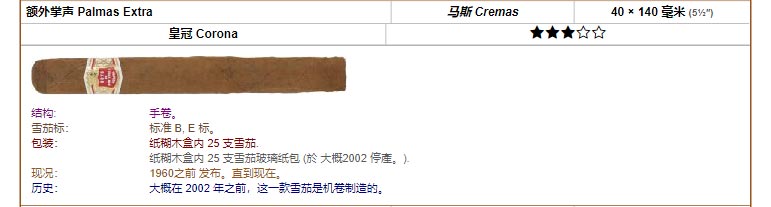 好友蒙特利 Hoyo de Monterrey 超级帕尔马斯 Palmas Extra  Cremas 40 × 140 毫米 (5½″) 皇冠 Corona