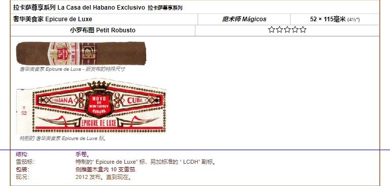 好友蒙特利 Hoyo de Monterrey  拉卡萨尊享系列 La Casa del Habano Exclusivo 拉卡萨尊享系列 奢华美食家 Epicure de Luxe 魔术师 Mágicos 52 × 115毫米 (4½″) 小罗布图 Petit Robusto