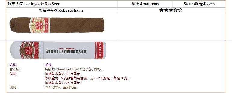 好友蒙特利 Hoyo de Monterrey 拉好友 力高 Le Hoyo de Rio Seco 甲虫 Armorosos 56 × 140 毫米 (5½″) 特长罗布图 Robusto Extra