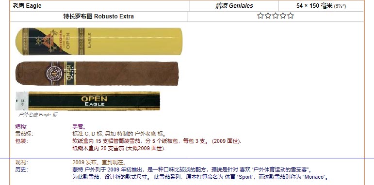 Montecristo 蒙特 老鹰 Eagle 清凉 Geniales 54 × 150 毫米 (5⅞″) 特长罗布图 Robusto Extra