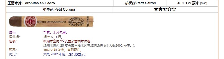 Romeo y Julieta 罗密欧与朱丽叶雪茄 王冠木片 Coronitas en Cedro 小权杖 Petit Cetros 40 × 129 毫米 (5⅛″) 小皇冠 Petit Corona