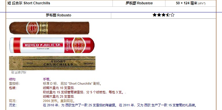 Romeo y Julieta 罗密欧与朱丽叶雪茄 短 丘吉尔 Short Churchills 罗布图 Robustos 50 × 124 毫米 (4⅞″) 罗布图 Robusto