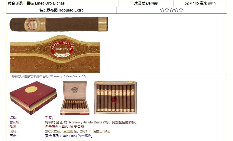 Romeo y Julieta 罗密欧与朱丽叶雪茄 黄金 系列 - 目标 Linea Oro Dianas 大马仕 Damas 52 × 145 毫米 (5¾″) 特长罗布图 Robusto Extra