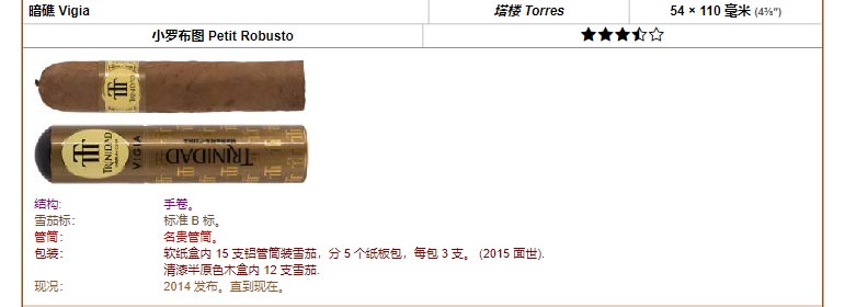 Trinidad千里达雪茄 暗礁 Vigia 塔楼 Torres 54 × 110 毫米 (4⅜″) 小罗布图 Petit Robusto