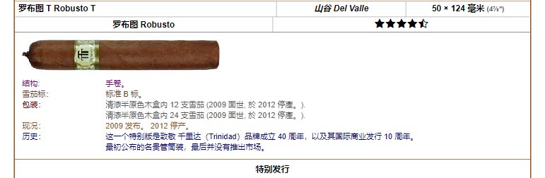 Trinidad千里达雪茄 罗布图 T Robusto T 山谷 Del Valle 50 × 124 毫米 (4⅞″) 罗布图 Robusto