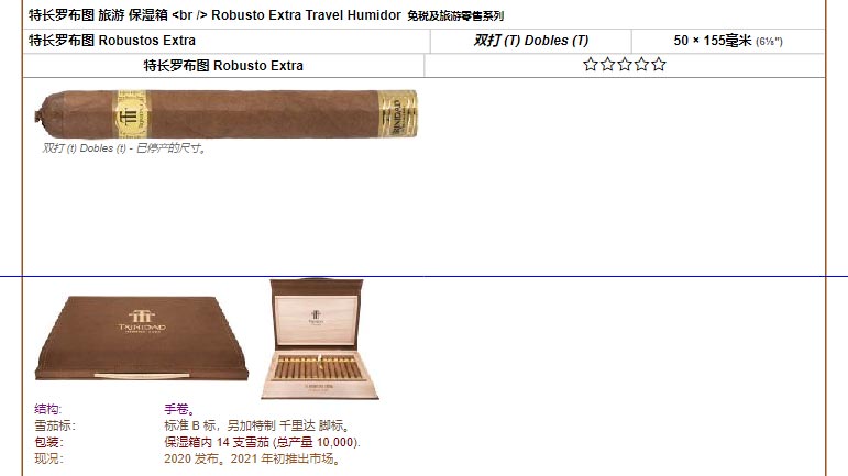 Trinidad 千里达雪茄 特长罗布图 Robustos Extra 双打 (T) Dobles (T) 50 × 155毫米 (6⅛″) 特长罗布图 Robusto Extra